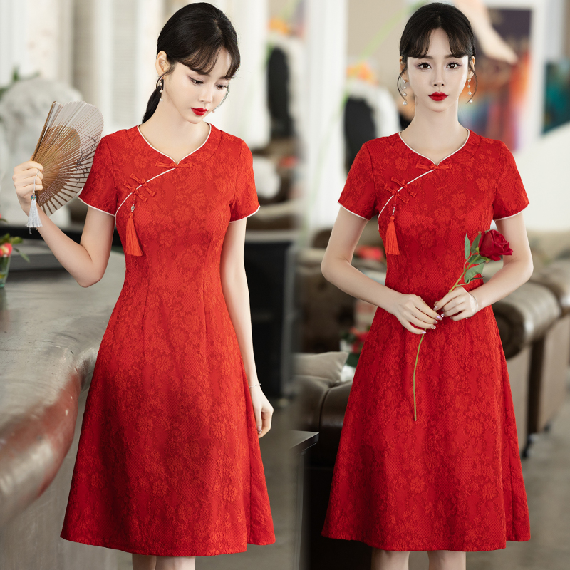 PF6245#红色低领古法旗袍2024年轻款新中式国风低领改良连衣裙女裝貨...