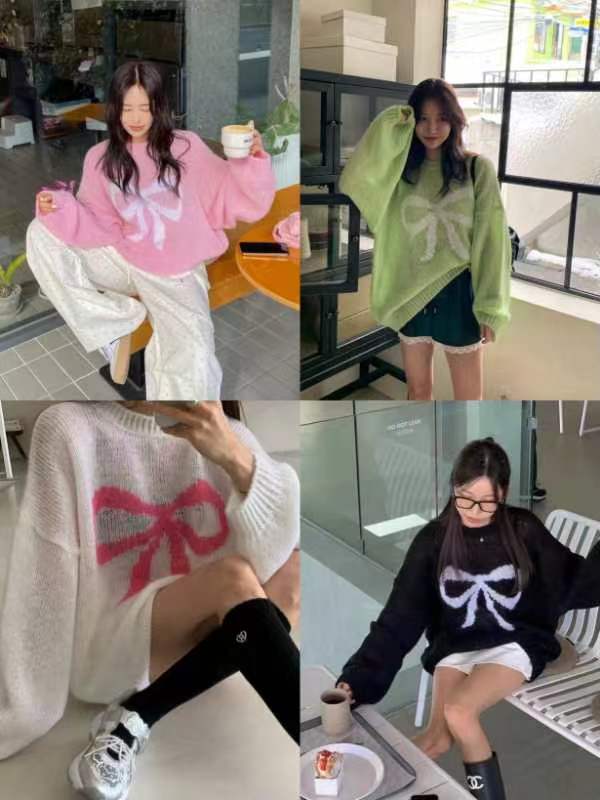 가을 겨울 새로운 여성 의류 루즈핏 슬림해 보이는 라운드 넥 풀오버 나비 스웨터 느긋한 바람 출퇴근 캐주얼 바늘