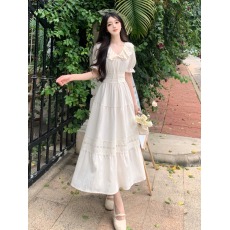 批发高贵感法式v领荷叶边短袖<b class='q'>连衣裙</b>夏季<b class='q'>宫廷</b>风垂坠感气质显瘦长裙子