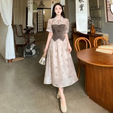 批发实拍有货～大码女装气质拼接中长裙新中式国风盘扣假两件连衣裙