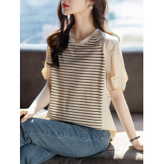 限价+12  条纹拼接假两件女夏季2026新款圆领法式上衣