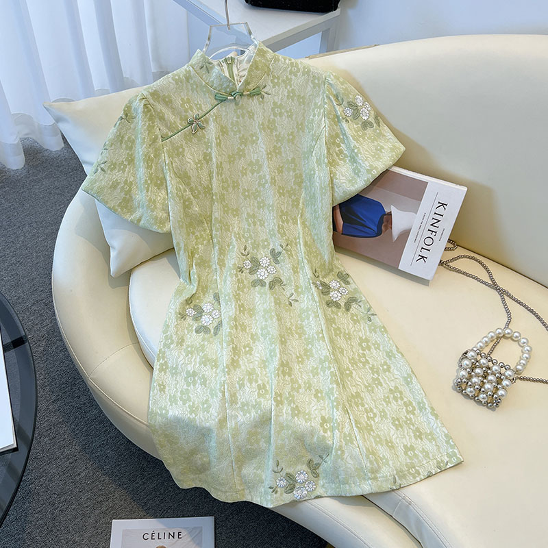 FA36324# 新中式国风改良泡泡袖旗袍收腰显瘦立领盘扣夏季小清新连衣裙 服裝批發女裝批發服飾貨源