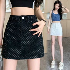 批发实拍2026夏季<b class='q'>百搭</b>牛仔波点半身裙女145CM娇小个子有内衬