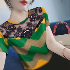 批发2026新款夏季韩版条纹短袖蕾丝圆领洋气时尚印花上衣别致漂亮小衫