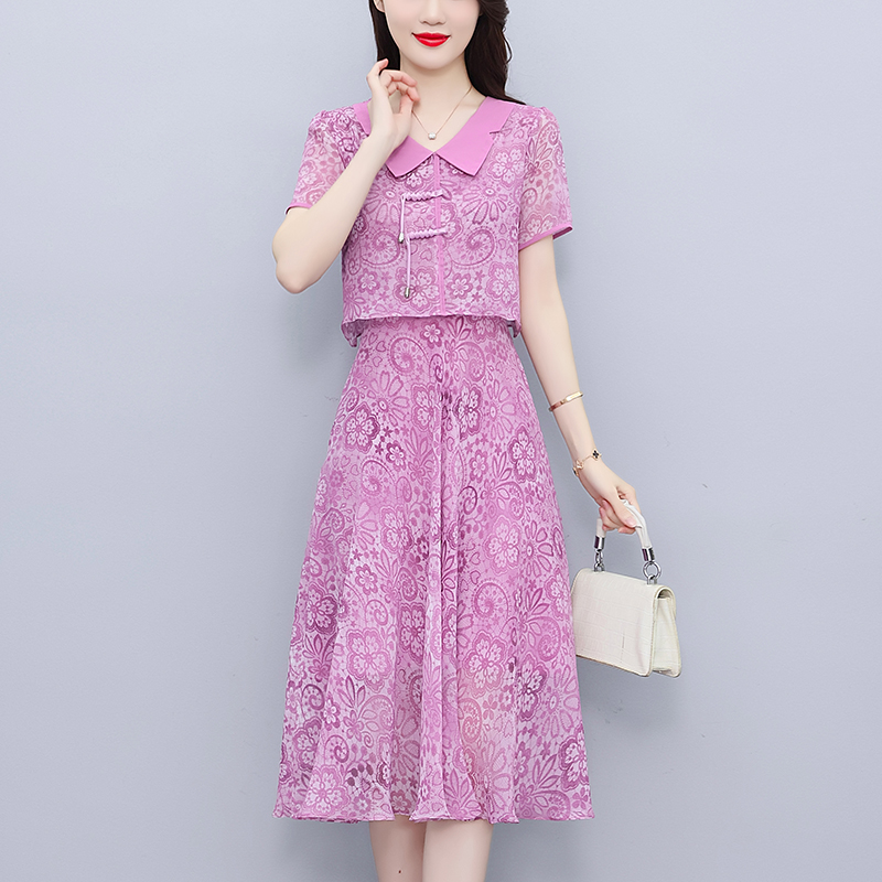 BY152#新中式假两件紫色雪纺连衣裙女夏装2024新款大码气质显瘦碎花裙子