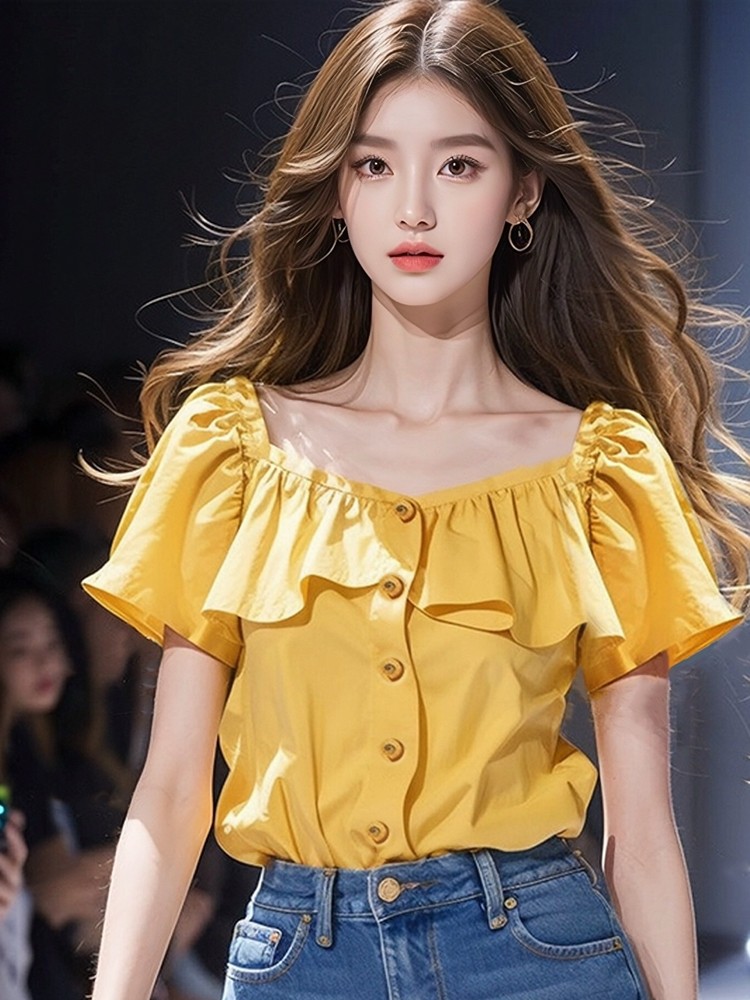 심황 색상 광장 칼라 거품 소매 반팔 여성 셔츠 2026 여름 새로운 아름다운 차 인사이드 차 가스 작은 셔츠 맨위