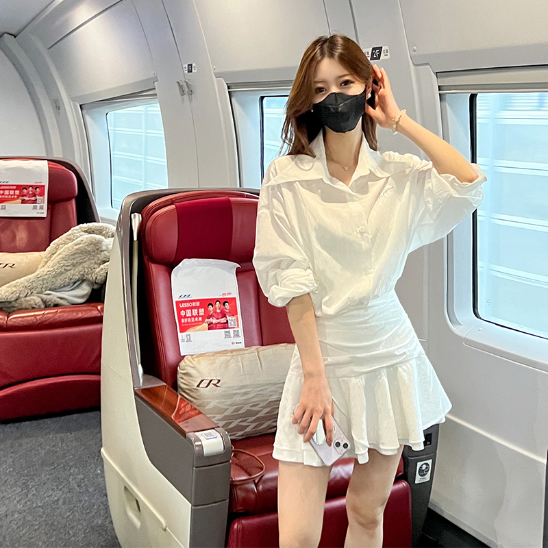 PF6636#张元英穿搭假两件白色长袖衬衫连衣裙收腰女裝貨源服裝批發