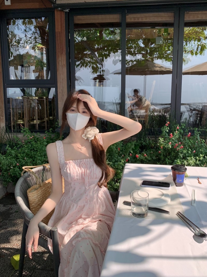 실사 정가 여름 새로운 도트 무늬 요정 품격 핑크색 슬립 드레스