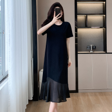 批发实拍拼接<b class='q'>连衣裙</b>朦胧感云纱拼接中长款T恤裙女夏