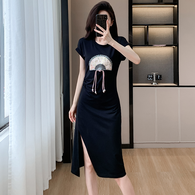 RY281# 实拍国风连衣裙扇子水钻皱褶开叉中长款大T恤裙女夏