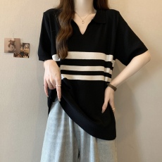 批发实拍~胖MM大码薄款针织polo领宽松条纹短袖T恤上衣