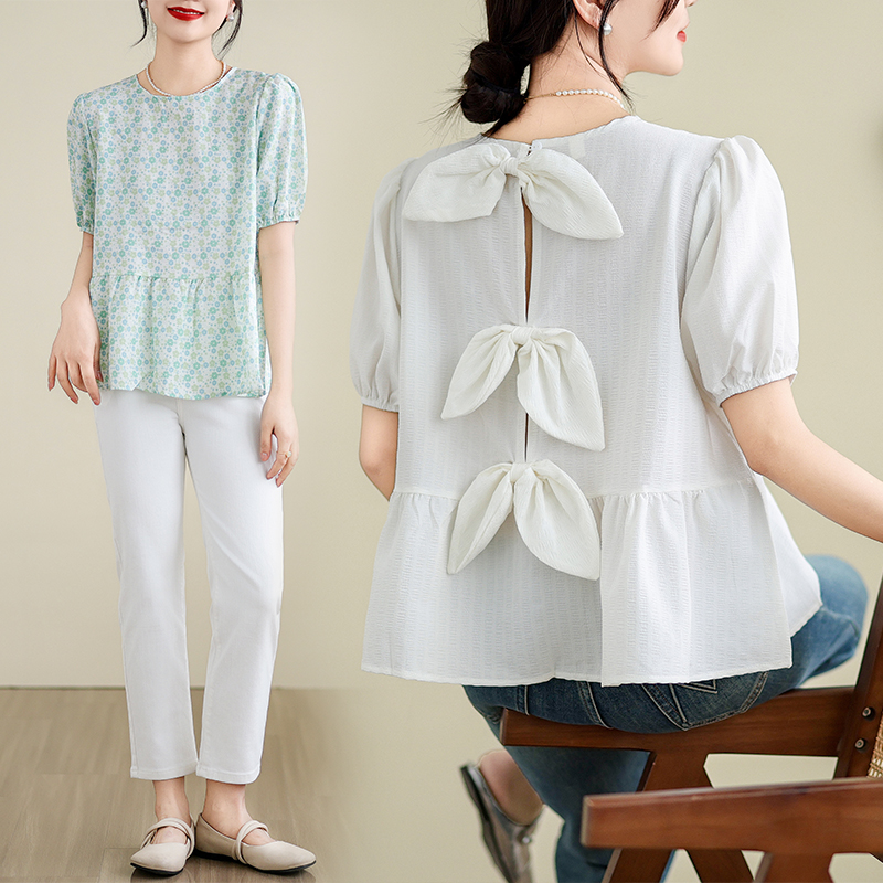 실사 디자인 센스 뒤로 나비 매듭 달콤함 인형 셔츠 한국 스타일 거품 소매 꽃무늬 셔츠 m-4xl200 근