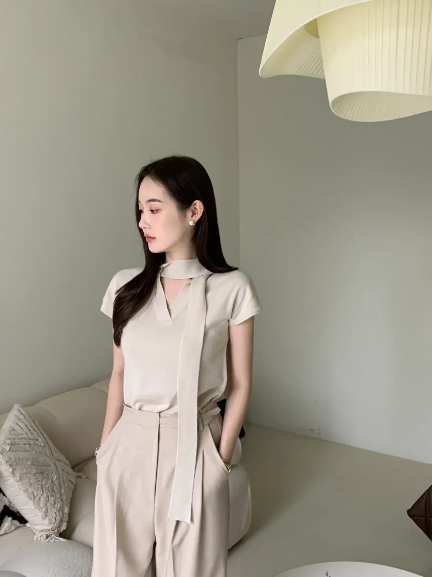 V넥 끈 디테일 반소매 니트 상세 이미지 39