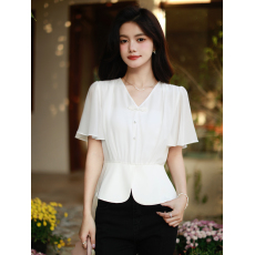 批发实拍夏季小香风盘扣短款V领<b class='q'>短袖</b><b class='q'>雪纺衫女</b>洋气衬衫新中式显瘦