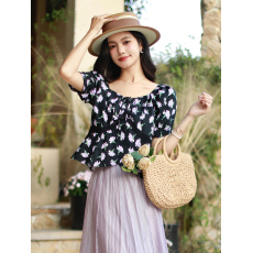 批发实拍 复古法式印花小衫夏装新款微胖MM碎花气质蕾丝衫上衣