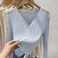 批发V领针织冰丝<b class='q'>开衫</b>女夏季薄款修身外搭短款空调衫长袖防晒罩衫上衣