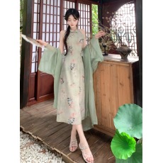 批发实拍大码新中式国风改良旗袍春夏季高端气质挂脖露肩无袖<b class='q'>连衣裙</b>