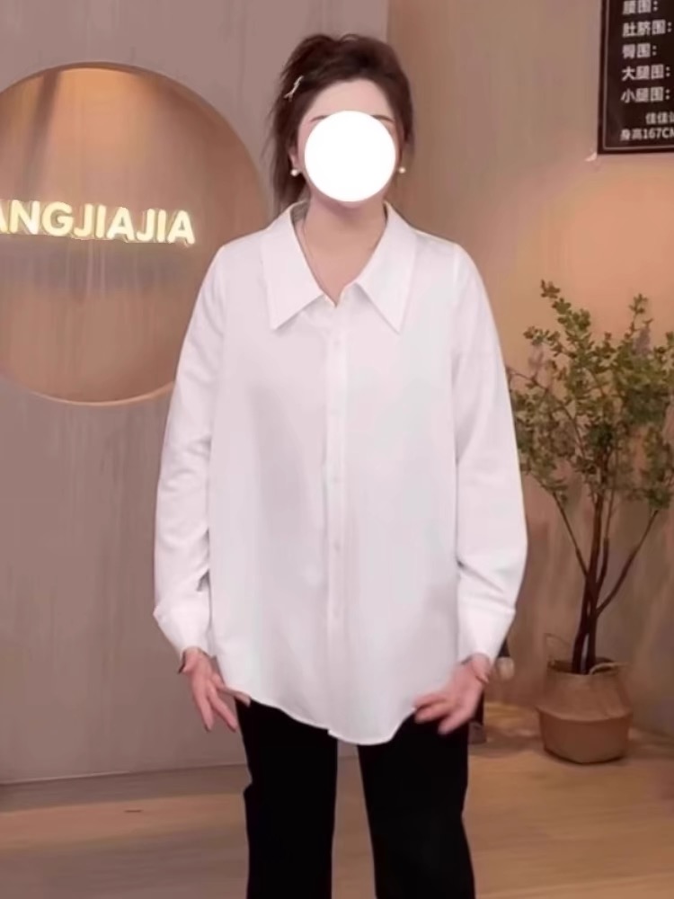 2026 가을 의상 빅 사이즈 여성 의류 POLO 칼라 긴팔 화이트 셔츠 지방 mm 슬림해 보이는 표지 고기 인사이드 가져 가라. 만나는 맨위