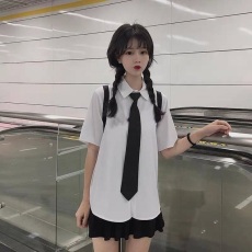 批发创峰酷丝棉jk制服白色衬衫<b class='q'>夏</b>季短袖衬衣设计感小众上衣学院风短裙