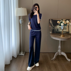 批发<b class='q'>欧洲站</b>简约休闲拼色冰丝运动针织<b class='q'>套装</b>夏新款时尚显瘦阔腿裤两件套