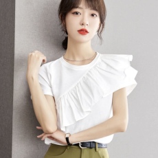 批发荷叶边短袖<b class='q'>T</b><b class='q'>恤</b>女夏<b class='q'>韩版</b>新款设计感小众白色独特别致上衣