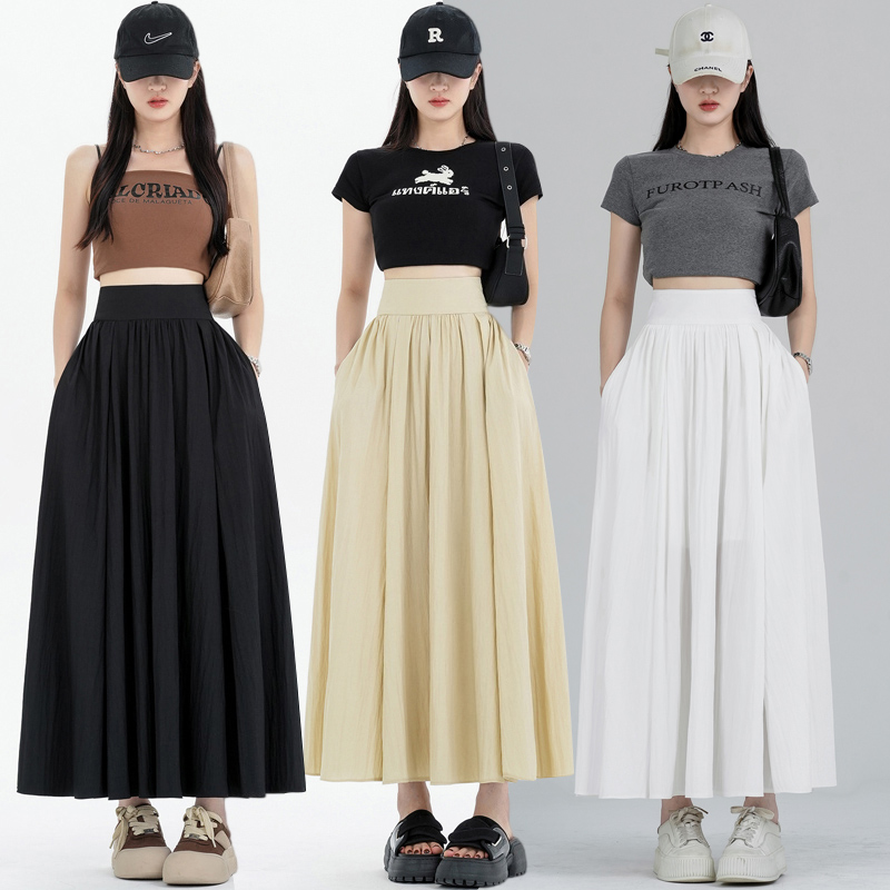 杏色法式气质遮胯显瘦收腰半身裙女夏褶皱设计感小众大摆a字长裙