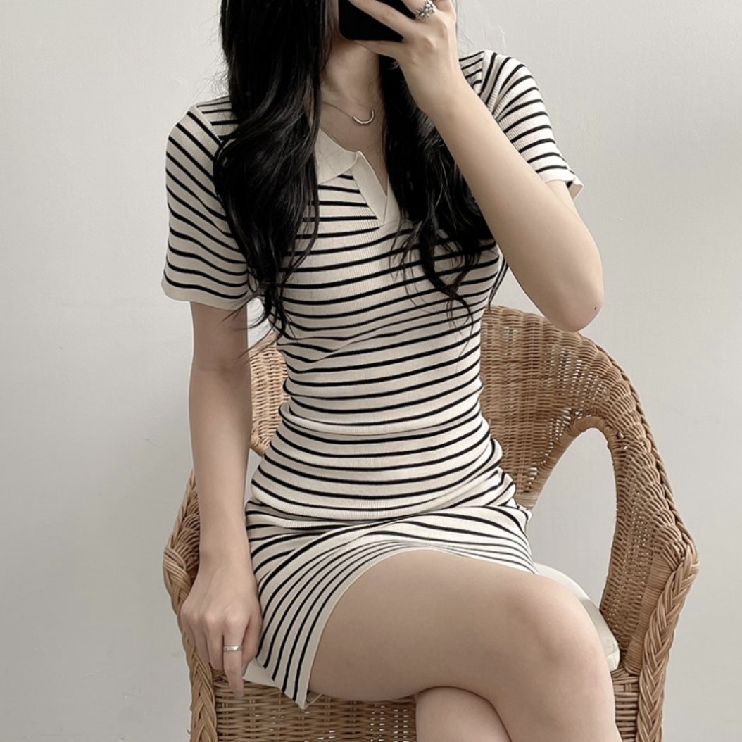 LN32283# 韩国chic收腰显瘦设计感小众T恤裙小个子条纹POLO连衣裙 服裝批發女裝批發服飾貨源