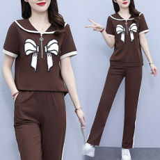 批发250#休闲<b class='q'>运动</b>套装女夏装新款<b class='q'>宽松</b>时髦刺绣娃娃领上衣短袖女两件套