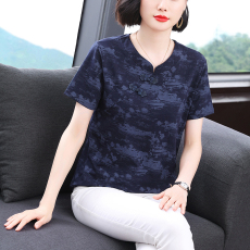 批发妈妈纯棉短袖T恤女夏季新款印花圆领<b class='q'>中老年</b>时尚上衣半袖民族风T恤