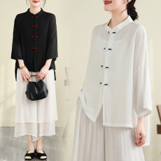 批发实拍夏季上衣女2026新款中式复古盘扣茶服防晒空调衫高档上衣套装