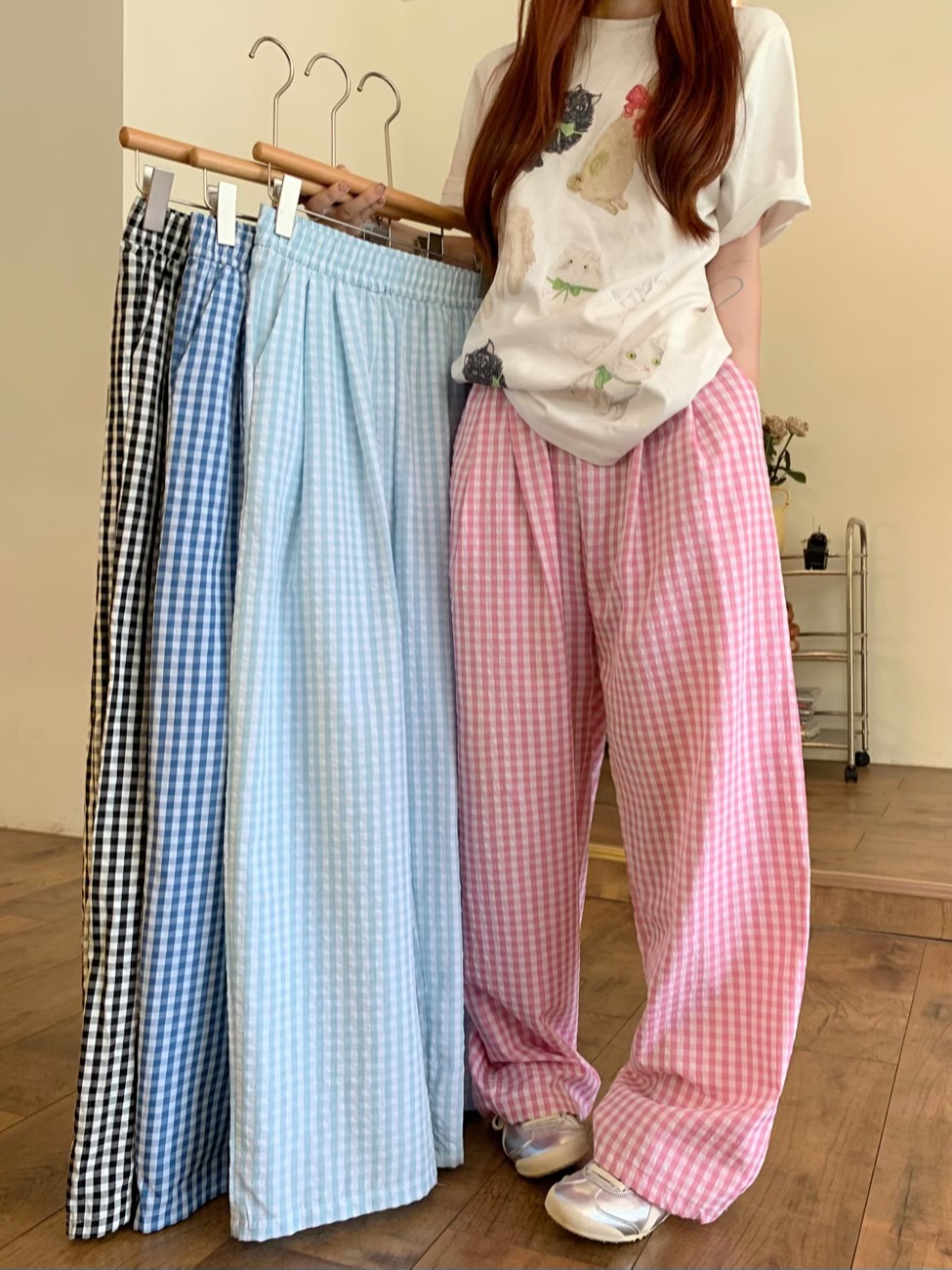 실사 정가 202 새로운 한국 스타일 레트로 루즈핏 다용도 도루 센스 캐주얼 체크무늬 바닥 청소 넓은 다리 야마모토 바지