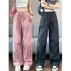 批发美式速干工装裤子女夏薄款直筒宽松休闲运动裤束脚抽绳<b class='q'>高腰</b>阔腿裤