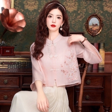批发新中式国风女装夏日绣花衬衫女2026春夏新款女装小个子<b class='q'>长袖</b>上衣