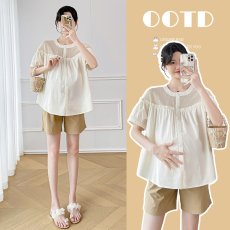 实拍  孕妇夏装时尚款韩版宽松显瘦短袖孕妇衬衫中长款