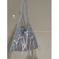 批发实拍特价圣诞氛围感粉色蝴蝶结闪闪亮丝银色单肩包