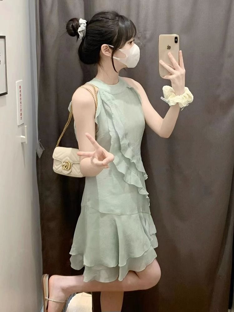 MY2399# 夏季新款韩系纯欲氛围感气质显白遮副乳挖肩挂脖荷叶边连衣裙女裝貨源服裝批發
