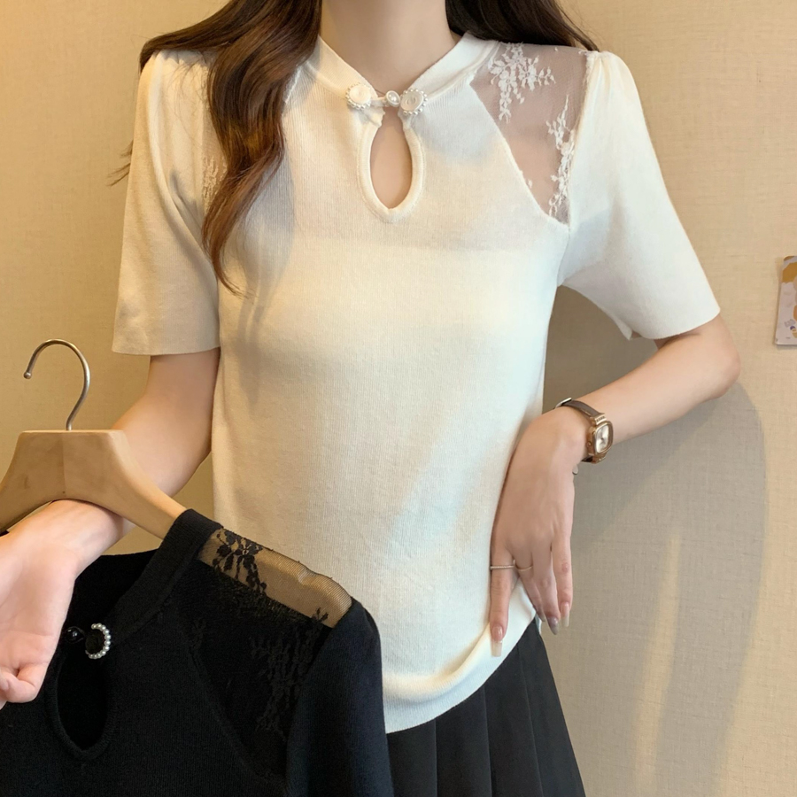 BY29264# 夏季刺绣拼蕾丝针织衫薄款冰丝T恤女  服裝批發女裝批發服飾貨源