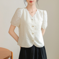 批发2026夏季新款法式V领小香风泡泡纱工艺气质短袖衬衫