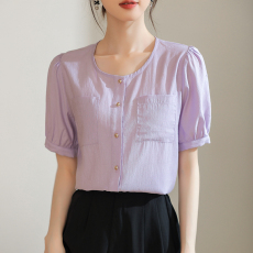 批发2026实拍新款圆领短袖<b class='q'>衬衫</b>女夏季法式绝美气质双口袋<b class='q'>OL</b>通勤上衣女