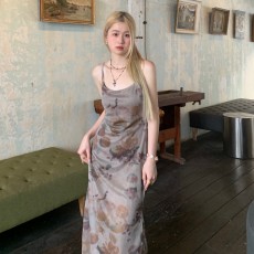 批发新中式古风碎花吊带连衣裙夏修身显瘦气质包臀长裙针织外套两件套