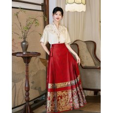 批发实拍重工刺绣交领汉服上衣婚礼<b class='q'>缎面</b>敬酒服短袖衬衣织金红色马面裙