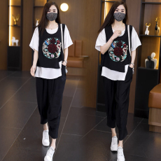 批发实拍大码女装2026夏新款时尚洋气刺绣三件套宽松遮肉显瘦休闲胖MM