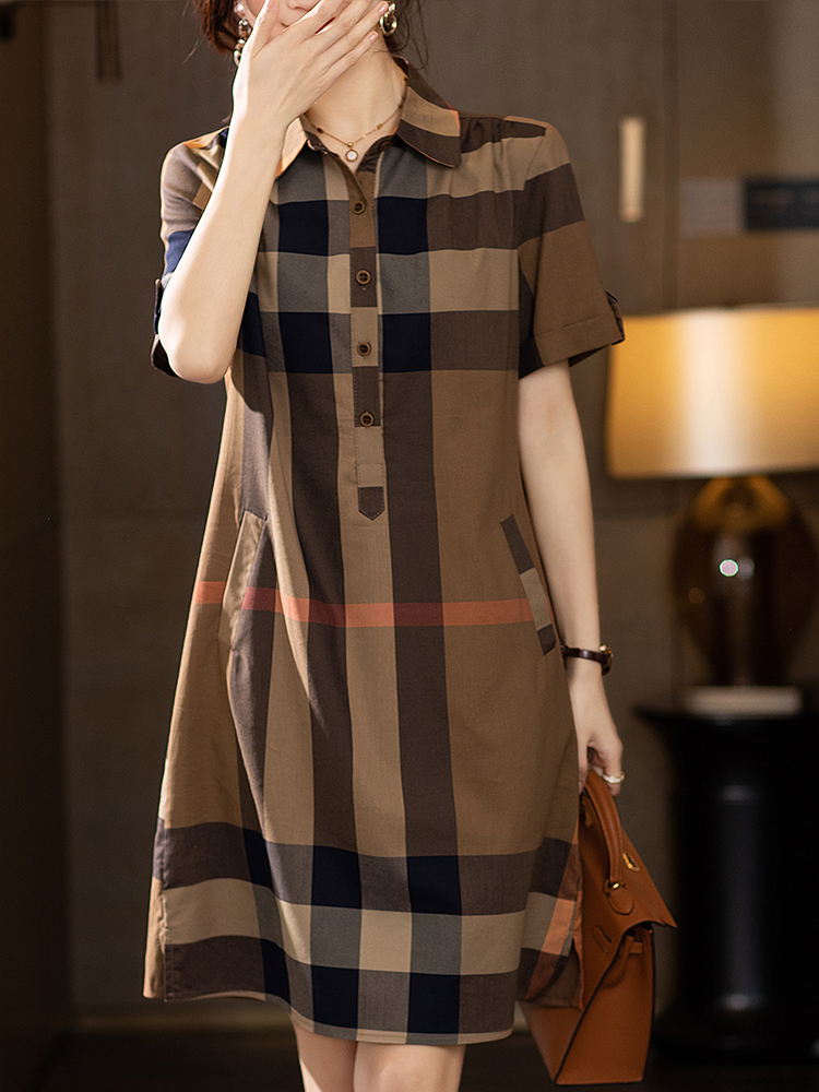 MY3137# 夏装格子连衣裙宽松女装夏季短袖衬衣裙子休闲女裝貨源服裝批發