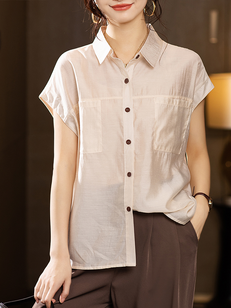 MY3138# 文艺短袖衬衫新款复古纯色翻领衬衣上衣女裝貨源服裝批發