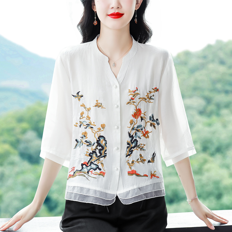 실사 2026 여름 새로운 반팔 순면 자수 패치워크 자수 문예 루즈핏 셔츠 다용도 맨위