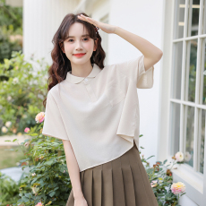 批发实拍2026年新款甜美肌理感垂感元宝领小清新净色宽松简约<b class='q'>衬衫</b>女