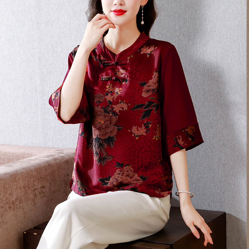 MY16066#国风新中式真丝香云纱印花立领宽松遮肉显瘦复古印花上衣女裝貨源服裝批發