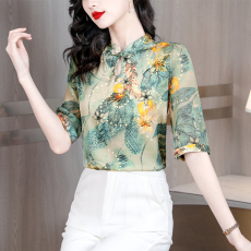 批发实拍新中式春季重磅<b class='q'>桑蚕丝</b>衬衫盘扣国风高级感中袖显瘦衬衣