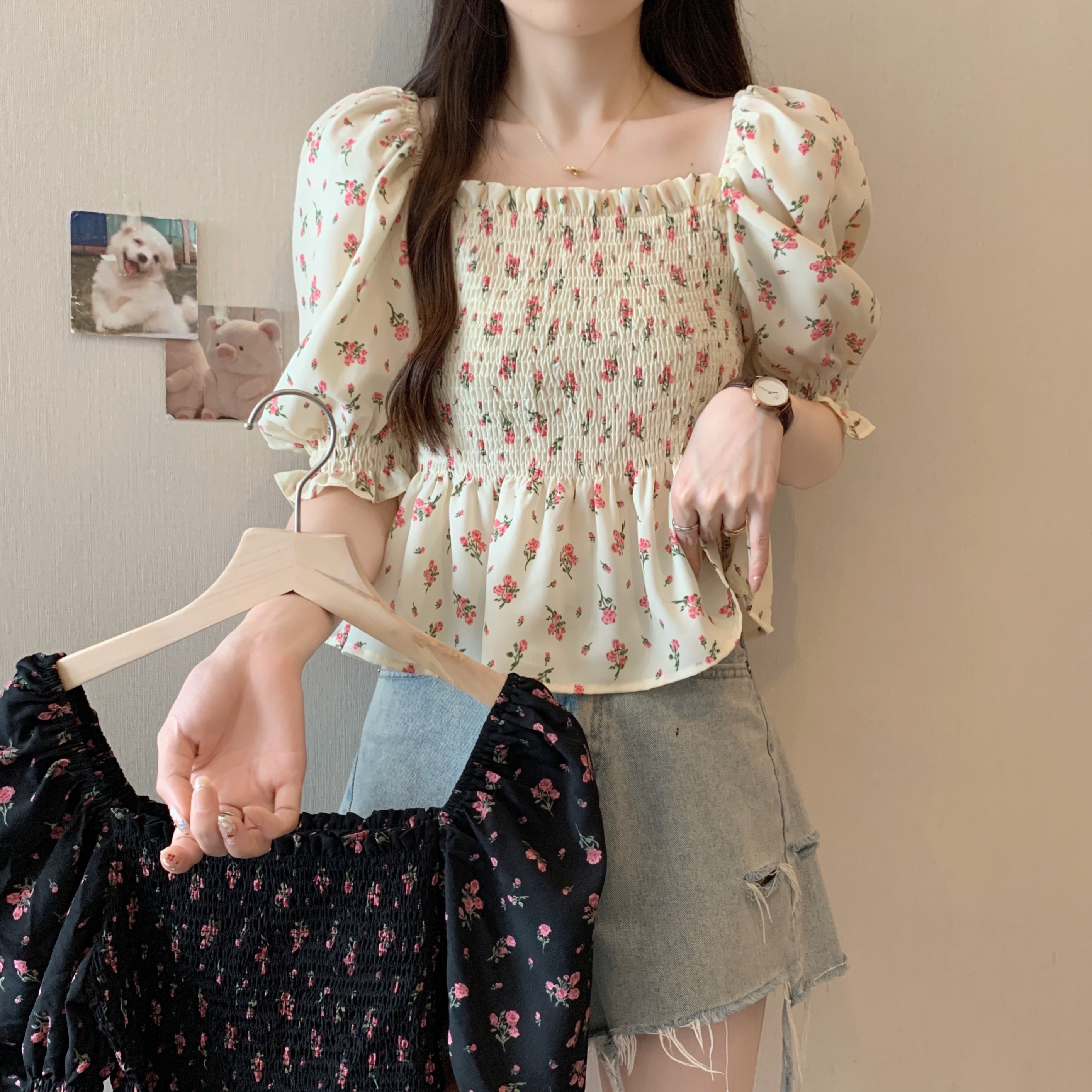 빅 사이즈 여름 순수한 욕망 핫걸 섹시함 광장 칼라 반팔 오프숄더 짧은 여성 거품 소매 꽃무늬 주름 맨위 트렌디