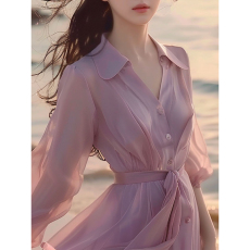 紫色衬衫连衣裙女2024夏季新款海边度假风气质名媛温柔绝美雪纺裙